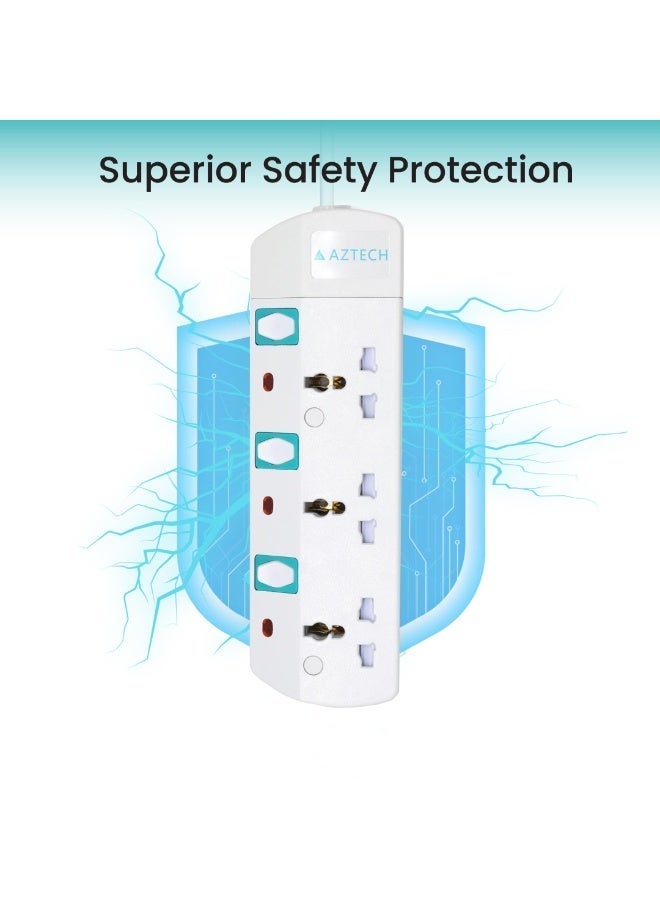 Aztech كابل تمديد كهربائي 3 طرق 3M 3250W مع 3 مآخذ عالمية ومفاتيح فردية ومؤشرات LED معتمد من ECAS - Image 4